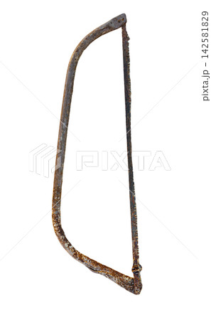 Old rusted metal bow saw with a worn wooden frame set against a plain white background Old rusted metal bow saw with a worn wooden frame set against a plain white background 142581829