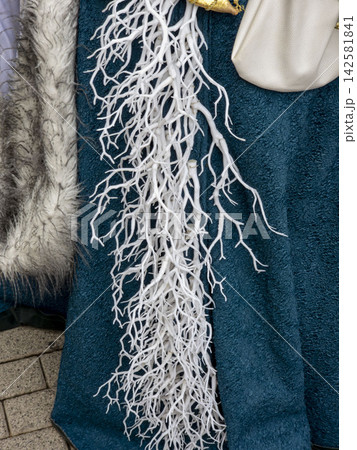 Detailed view of costume feature with white artificial decorations on teal fabric and grey faux fur Detailed view of costume feature with white artificial decorations on teal fabric and grey faux fur 142581841