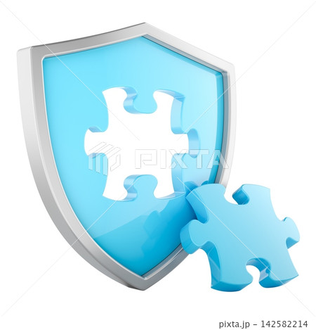Security shield and puzzle piece for integrated protection and cybersecurity solution. 3D rendering 142582214