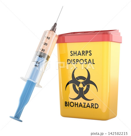 Sharps disposal container and syringe for medical waste safety and biohazard control. 3D rendering 142582215