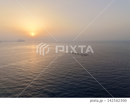 Sunrise over calm sea with distant island silhouette and circular aquaculture pens glowing along horizon under soft pastel sky and warm reflected light, with sunrise, sea, ocean, horizon detail 142582300