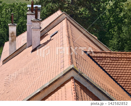 Terracotta tiled roof with chimneys under bright daylight and lush green trees forms architectural rooftop scene, with roof, tile, terracotta, rooftop detail, showing chimney, ridge, slope, pattern 142582852