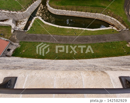 Overhead view of stone canal walkway and grassy embankment with metal railing, with stone, canal, walkway, embankment detail, showing railing, asphalt, grass, sprinkler context Overhead view of stone canal walkway and grassy embankment with metal railing, with stone, canal, walkway, embankment detail, showing railing, asphalt, grass, sprinkler context 142582929