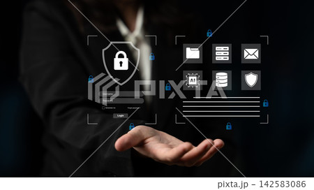 Digital Security Concept with Hand Gesture, Lock Icon, Data Protection Symbols on Dark Background in Modern Business Environment Cyphers. Digital Security Concept with Hand Gesture, Lock Icon, Data Protection Symbols on Dark Background in Modern Business Environment Cyphers. 142583086