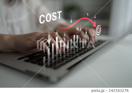 Hands Typing on Laptop with Cost Graph and Target Indicator Representing Financial Analysis and Budget Management in Modern Business Environment. Glyphic 142583276