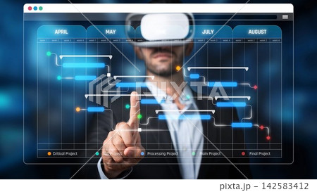 A businessman engages with virtual reality technology to interact with project timelines. This image illustrates the integration of innovation and digital tools in modern corporate planning. Sigmoid 142583412