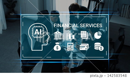 Futuristic Technology Concept in Financial Services with AI Integration and Diverse Business Icons Representing Growth and Innovation in a Corporate Environment Gluon 142583548