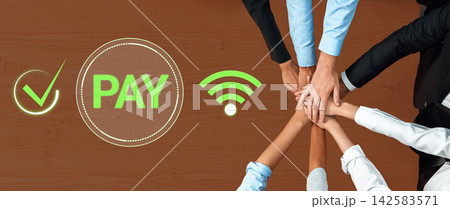 Hands of Diverse People Joining Together to Discuss Payment Solutions with Checkmark and Wi-Fi Symbol on Wooden Surface. Sentient Hands of Diverse People Joining Together to Discuss Payment Solutions with Checkmark and Wi-Fi Symbol on Wooden Surface. Sentient 142583571