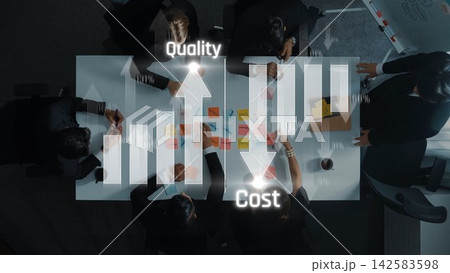 Business professionals analyzing metrics in a modern workspace with graphs illustrating quality versus cost dynamics for strategic decision-making. Raster Business professionals analyzing metrics in a modern workspace with graphs illustrating quality versus cost dynamics for strategic decision-making. Raster 142583598