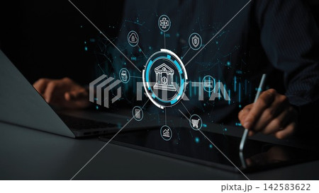Digital Banking Concept with Financial Icons Representing Security, Transactions, and Data Analysis in a Modern Workspace Environment. Entropy 142583622