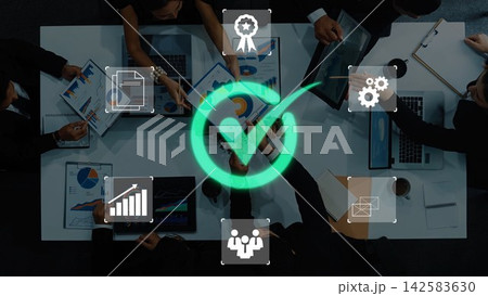 Business team collaborating on project with charts, graphs, and icons displaying growth, success, and teamwork in modern office setting Gluon Business team collaborating on project with charts, graphs, and icons displaying growth, success, and teamwork in modern office setting Gluon 142583630