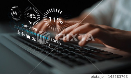 Hands Typing on Keyboard while Digital Progress Indicators Display Percentage Updates and Loading Status on a Dark Background. Entropy Hands Typing on Keyboard while Digital Progress Indicators Display Percentage Updates and Loading Status on a Dark Background. Entropy 142583768