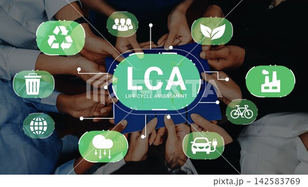 Collaborative Life Cycle Assessment Concept with Diverse Hands and Eco-Friendly Icons Illustrating Sustainable Practices and Environmental Responsibility Gluon 142583769