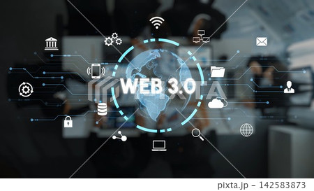 Conceptual illustration of Web 3.0 with digital icons representing technology, data connectivity, and internet evolution showcasing a modern digital environment. Entropy Conceptual illustration of Web 3.0 with digital icons representing technology, data connectivity, and internet evolution showcasing a modern digital environment. Entropy 142583873