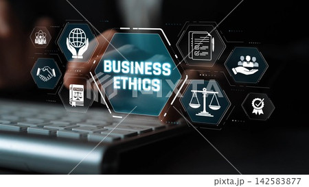 Visual representation of business ethics featuring digital icons and keyboard, symbolizing responsibility and integrity in modern corporate culture and practices. Sigmoid Visual representation of business ethics featuring digital icons and keyboard, symbolizing responsibility and integrity in modern corporate culture and practices. Sigmoid 142583877
