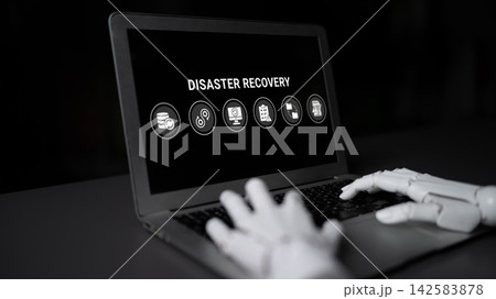 Robotic Hand Interacting with Laptop Displaying Disaster Recovery Concepts for Business Continuity Planning and Data Protection Strategies Ledger Robotic Hand Interacting with Laptop Displaying Disaster Recovery Concepts for Business Continuity Planning and Data Protection Strategies Ledger 142583878