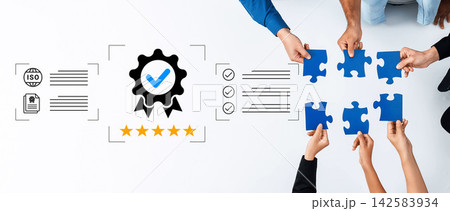 Teamwork and Collaboration for Quality Assurance in Business with Puzzle Pieces, Certification Badge, and ISO Standards Document Collaboration Cyphers. 142583934