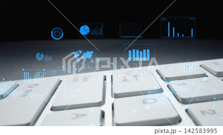 Close-up of a computer keyboard with digital analytics icons and charts overlaying a sleek black background, symbolizing modern data analysis and technology xenic 142583995