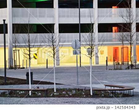 City square landscape. Contemporary city square featuring minimalist design elements and tranquil ambiance 142584343