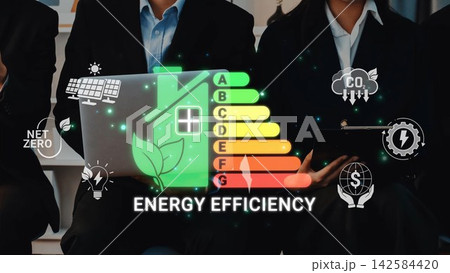 A dynamic visual representation of energy efficiency concepts featuring a scale, renewable energy icons, and business professionals discussing sustainable strategies for a greener future. Sigmoid A dynamic visual representation of energy efficiency concepts featuring a scale, renewable energy icons, and business professionals discussing sustainable strategies for a greener future. Sigmoid 142584420