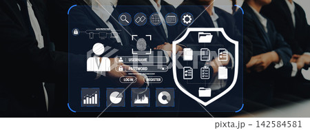 Modern Business Technology Concept with User Interface Featuring Login Panel, Security Features, and Data Visualization Charts Quark 142584581