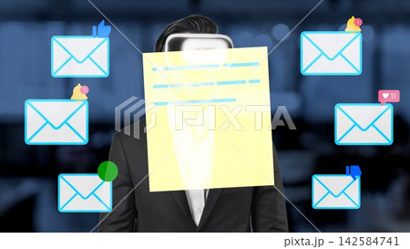 Business Professional in Suit with Digital Communication Icons and Sticky Note Overlay in Modern Office Setting. Entropy 142584741