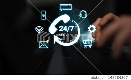 24-7 Customer Service Concept with Icons Representing Communication, Technology, and Support on a Dark Background. Entropy 142584867