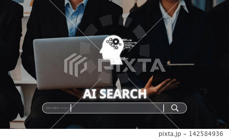 Business professionals engaged in a modern AI search concept showcasing technology integration in corporate environments and innovative solutions for productivity. Raster Business professionals engaged in a modern AI search concept showcasing technology integration in corporate environments and innovative solutions for productivity. Raster 142584936