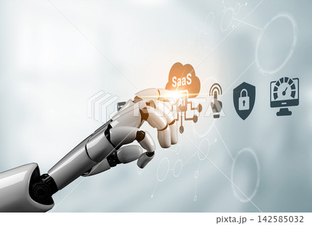 Futuristic Robotic Hand Interacting with SaaS and AI Icons on Digital Background Illustrating Technological Innovation and Cloud Computing Concepts Ledger Futuristic Robotic Hand Interacting with SaaS and AI Icons on Digital Background Illustrating Technological Innovation and Cloud Computing Concepts Ledger 142585032
