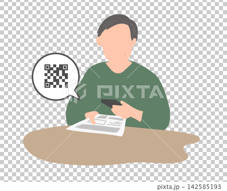 一位中年男子用智慧型手機掃描文件上的二維碼進行驗證。 142585193