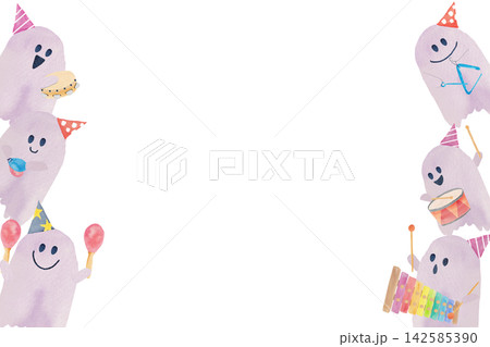 手描き水彩のハロウィンおばけの音楽隊左右配置 背景なし 手描き水彩のハロウィンおばけの音楽隊左右配置 背景なし 142585390