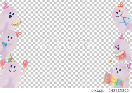 手描き水彩のハロウィンおばけの音楽隊左右配置 背景なし 手描き水彩のハロウィンおばけの音楽隊左右配置 背景なし 142585390