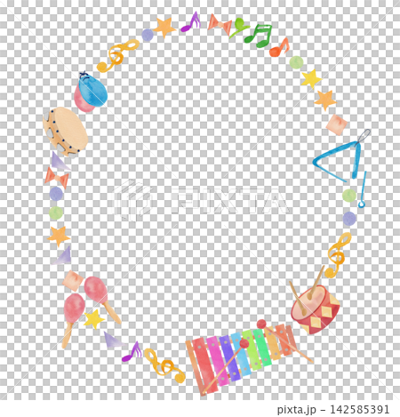 手描き水彩の音楽イベントのタイトルを入れるための楽器と音符のカラフルポップな枠2 142585391