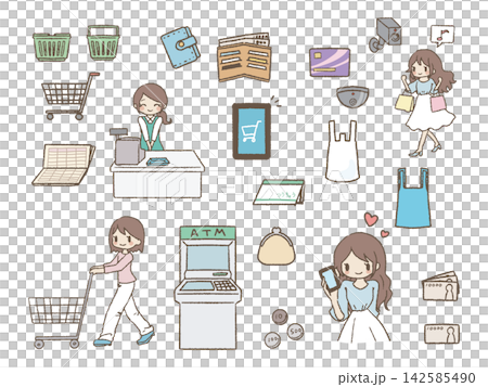 Shopping and money illustration set Shopping and money illustration set 142585490