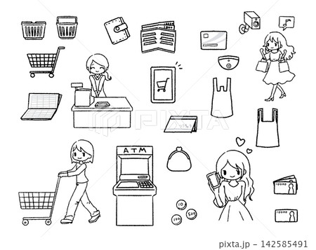 お買い物、お金のイラストセット線画 お買い物、お金のイラストセット線画 142585491