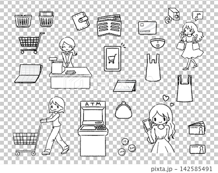 お買い物、お金のイラストセット線画 お買い物、お金のイラストセット線画 142585491