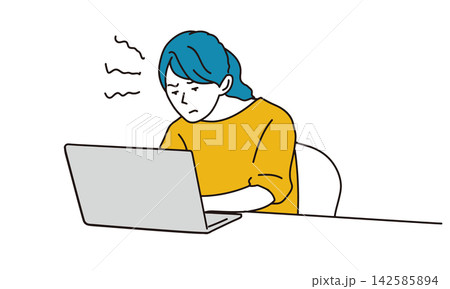 猫背でノートパソコンを操作する女性のイラスト 猫背でノートパソコンを操作する女性のイラスト 142585894
