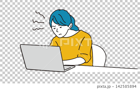 一幅女性弓著背使用筆記型電腦的插圖。 142585894
