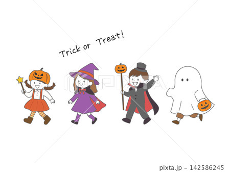 ハロウィンの子供たちイラスト 仮装した男の子と女の子・魔女・ドラキュラ・おばけ 142586245