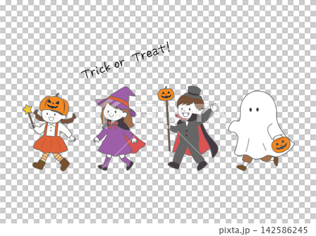 ハロウィンの子供たちイラスト 仮装した男の子と女の子・魔女・ドラキュラ・おばけ 142586245