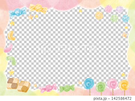 水彩風のカラフルなもこもこフレームとお菓子の背景 水彩風のカラフルなもこもこフレームとお菓子の背景 142586472