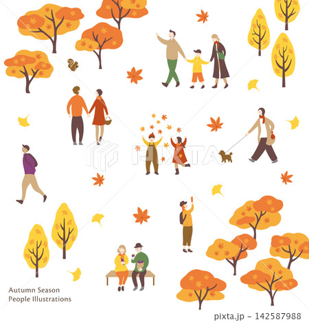 紅葉を楽しむ人々の秋フラットイラストコレクション 142587988