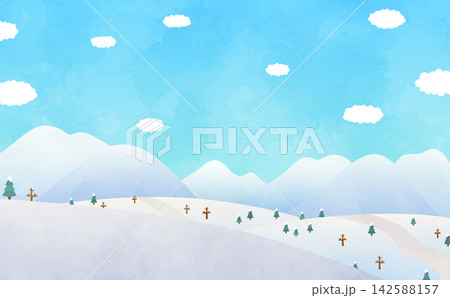 冬の晴れた雪景色の背景イラスト_横 冬の晴れた雪景色の背景イラスト_横 142588157