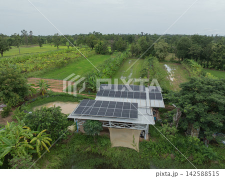 Rooftop solar panels on a rural farm building surrounded by green rice fields during rainy season, generating clean energy for sustainable agriculture. Renewable energy with resilient food production. Rooftop solar panels on a rural farm building surrounded by green rice fields during rainy season, generating clean energy for sustainable agriculture. Renewable energy with resilient food production. 142588515