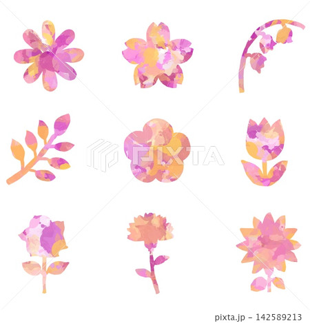 手描きの花と植物モチーフ9点セット 手描きの花と植物モチーフ9点セット 142589213
