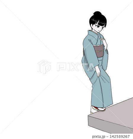 着物の裾を持って段差を上がる女性 日常の仕草 着物の裾を持って段差を上がる女性 日常の仕草 142589267