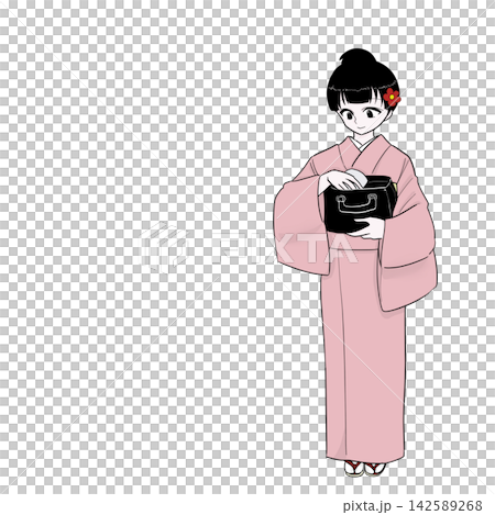 バッグから物を取り出す着物女性　日常の仕草 142589268