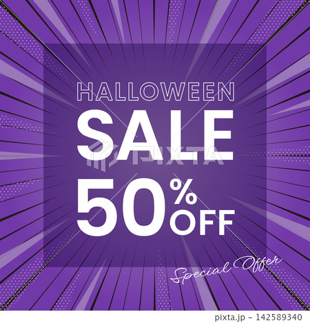 HALLOWEEN SALE 50%OFFの文字をあしらった紫色のハロウィンセール背景 142589340