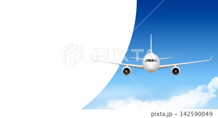 Airplane Banner Vector Illustration. Passenger Airplane Flying in Blue Sky Background. Horizontal Travel Banner Template with Copy Space for Airline, Flight, Vacation, Tourism, Aviation Design Airplane Banner Vector Illustration. Passenger Airplane Flying in Blue Sky Background. Horizontal Travel Banner Template with Copy Space for Airline, Flight, Vacation, Tourism, Aviation Design 142590049