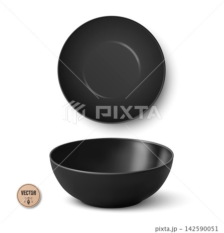 Black Bowl Isolated. Top View, Front View, Vector Illustration. 3d Realistic Empty Bowl. Black Bowl Illustration. Kitchen, Tableware, Ceramic Dish, Food Serving Black Bowl Isolated. Top View, Front View, Vector Illustration. 3d Realistic Empty Bowl. Black Bowl Illustration. Kitchen, Tableware, Ceramic Dish, Food Serving 142590051